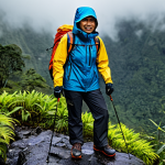 A professional Malaysian hiker, full body shot, in a challenging, rainy mountain environment reminiscent of Gunung Kinabalu. The hiker is wearing a high-performance hardshell jacket in a vibrant, waterproof fabric, fully zipped with the hood up, providing complete coverage. Water droplets are beading perfectly on the jacket's surface, showcasing its advanced waterproofing. The background features misty, dense tropical mountain rainforest, with rocky terrain and a sense of elevation. The hiker maintains a determined, natural pose. The image emphasizes the jacket's durability and protection in extreme weather. fully clothed, appropriate attire, modest clothing, professional dress, safe for work, appropriate content, perfect anatomy, correct proportions, natural pose, well-formed hands, proper finger count, natural body proportions, professional photography, high quality.